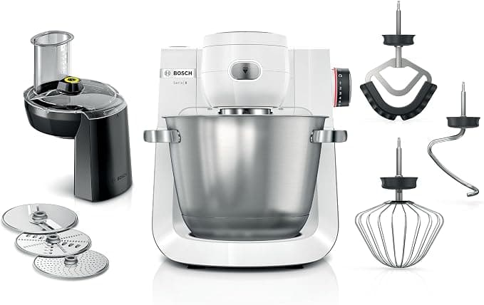 Bosch MUMS6EW13D Series 6 Food Processor, 7 Speed, 5.5L Bowl, Through Cutter, 3 Discs, Dough Hook, Whisk, Silicone Broom, Dishwasher Safe, 1600W, Silver/White - Image 1