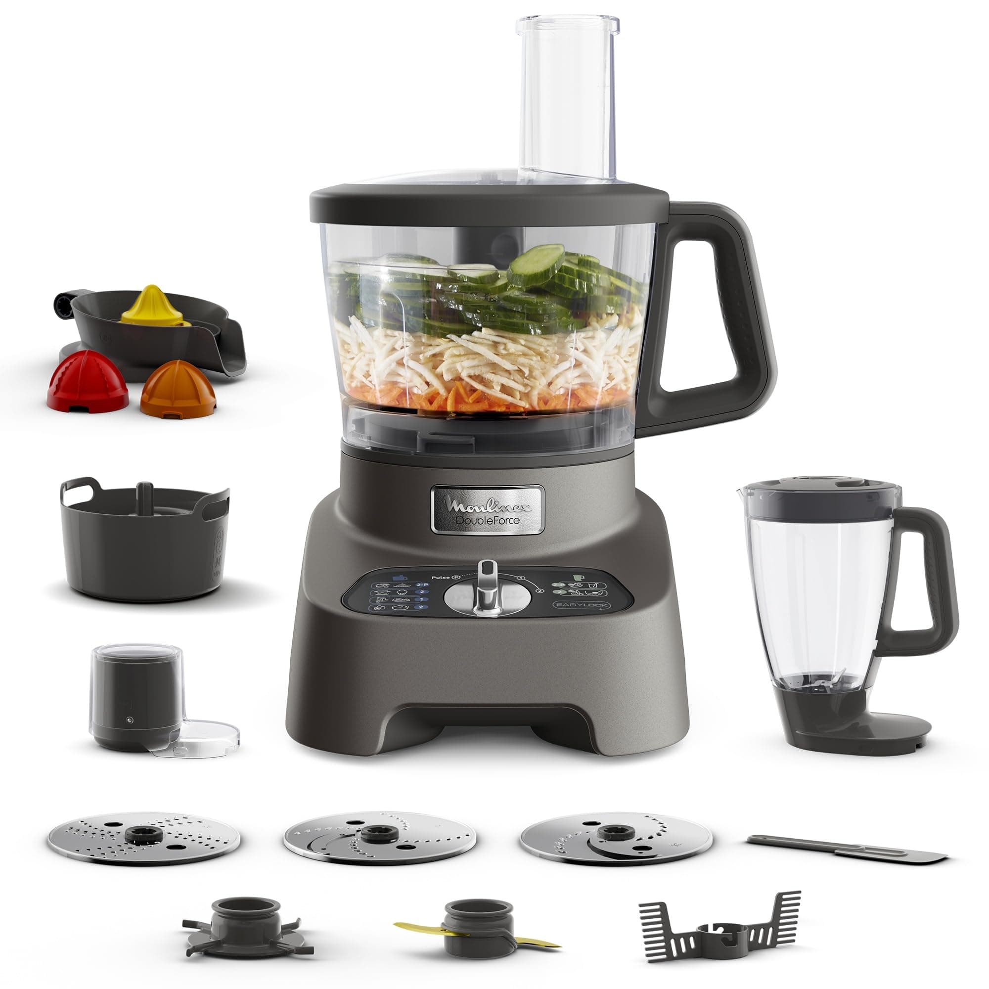 Moulinex Double Force Multifunctional Robot, 1000 W, Multipurpose Blender 2L, 10 Accessories, 31 Functions, Chopper, Graters, Juicer, FP825E10