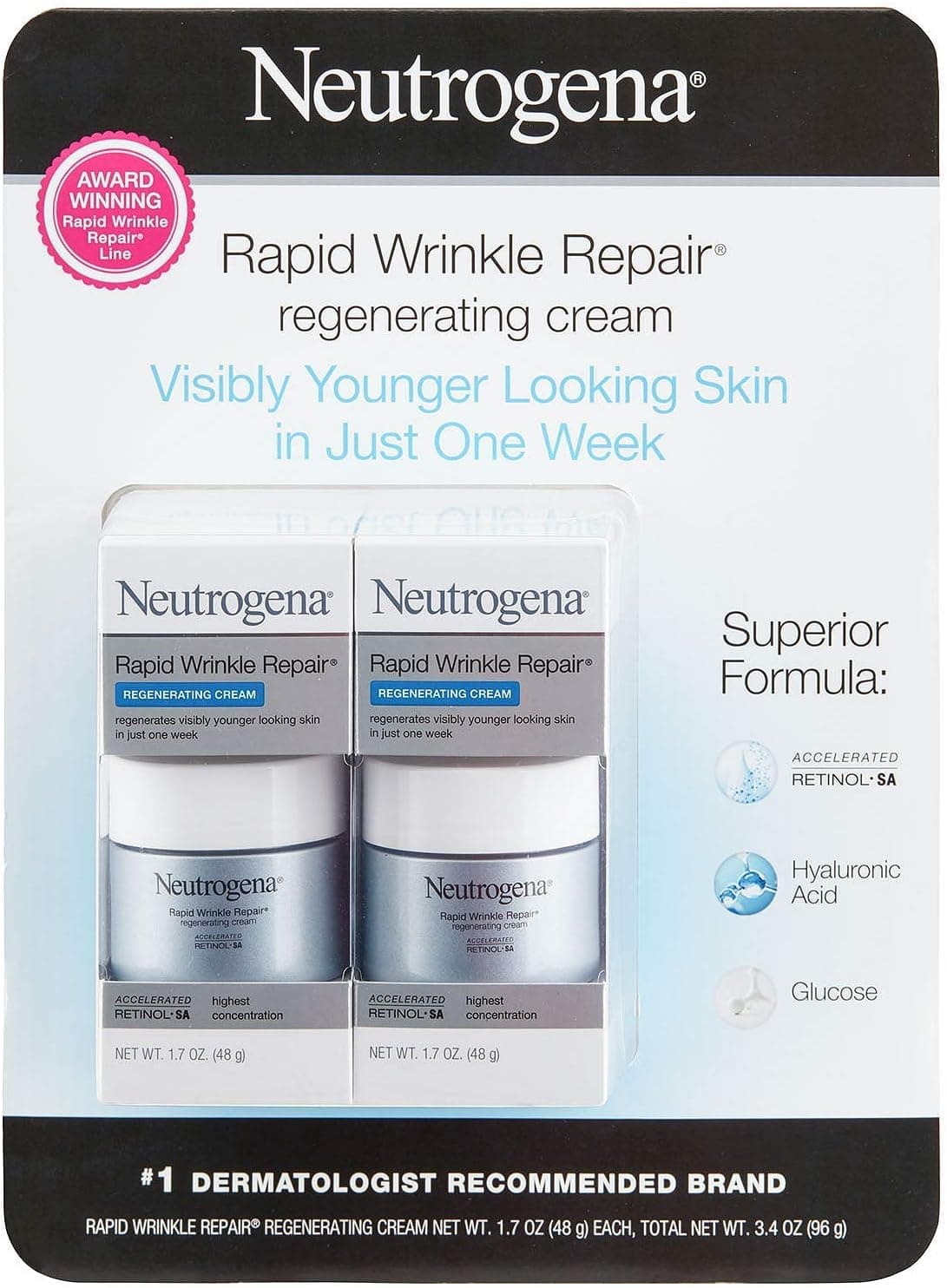 Neutrogena Fast Wrinkle Repair Retinol Regenerating Face Cream and Hyaluronic Acid Anti Wrinkle Moisturizing Face, Neck Cream, with Hyaluronic Acid and Retinol, 1.7 oz (Pack of 2)