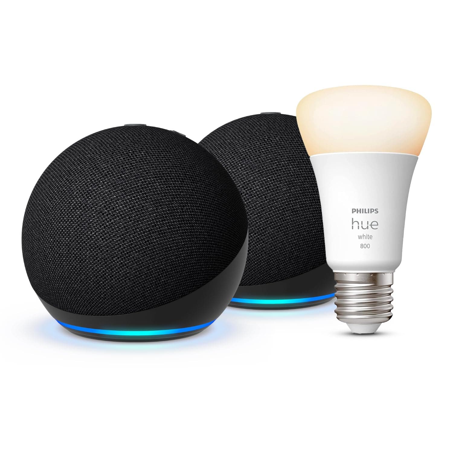Philips Echo Dot (5th Gen) | Anthracite, 2-Pack + Philips Hue Smart Bulb (E27), Works with Alexa - Smart Home Starter Kit