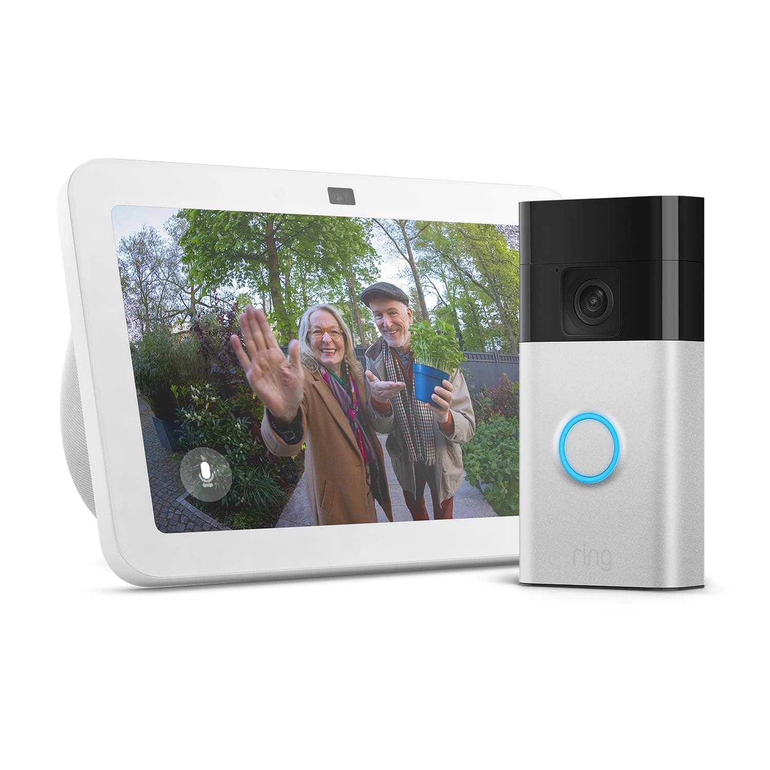Ring Echo Show 8 (Newest gen) | White + Ring Battery Video Doorbell (2024 release) | Satin Nickel