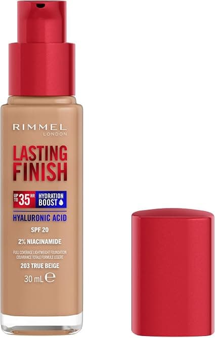 Rimmel London Lasting Finish Up to 35h, 203 True Beige, Foundation, Longwear, Moisturizing, Vegan Formula, Full Coverage, 30 ml