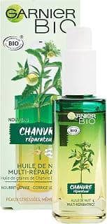 Garnier Bio - Huile de Nuit Multi-Réparatrice Visage - Au Chanvre Nourrissant & Vitamine E - Peaux Stressées & Sensibles - 30 ml