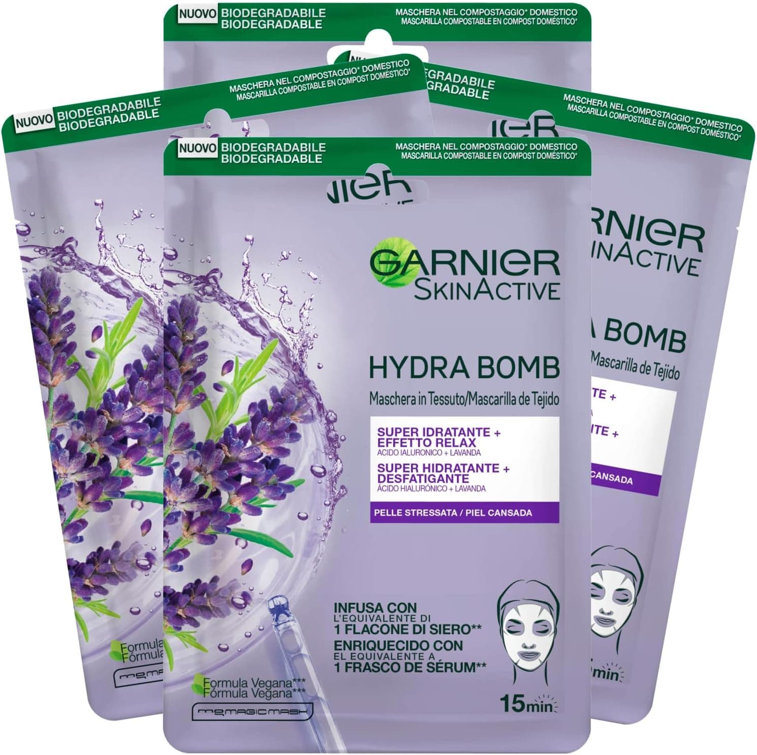 Garnier Garnier SkinActive Hydra Bomb Super Moisturizing Relaxing Fabric Face Mask Vegan Formula with Lavender and Hyaluronic Acid Relaxing for Stressed Skin 4 Disposable Masks