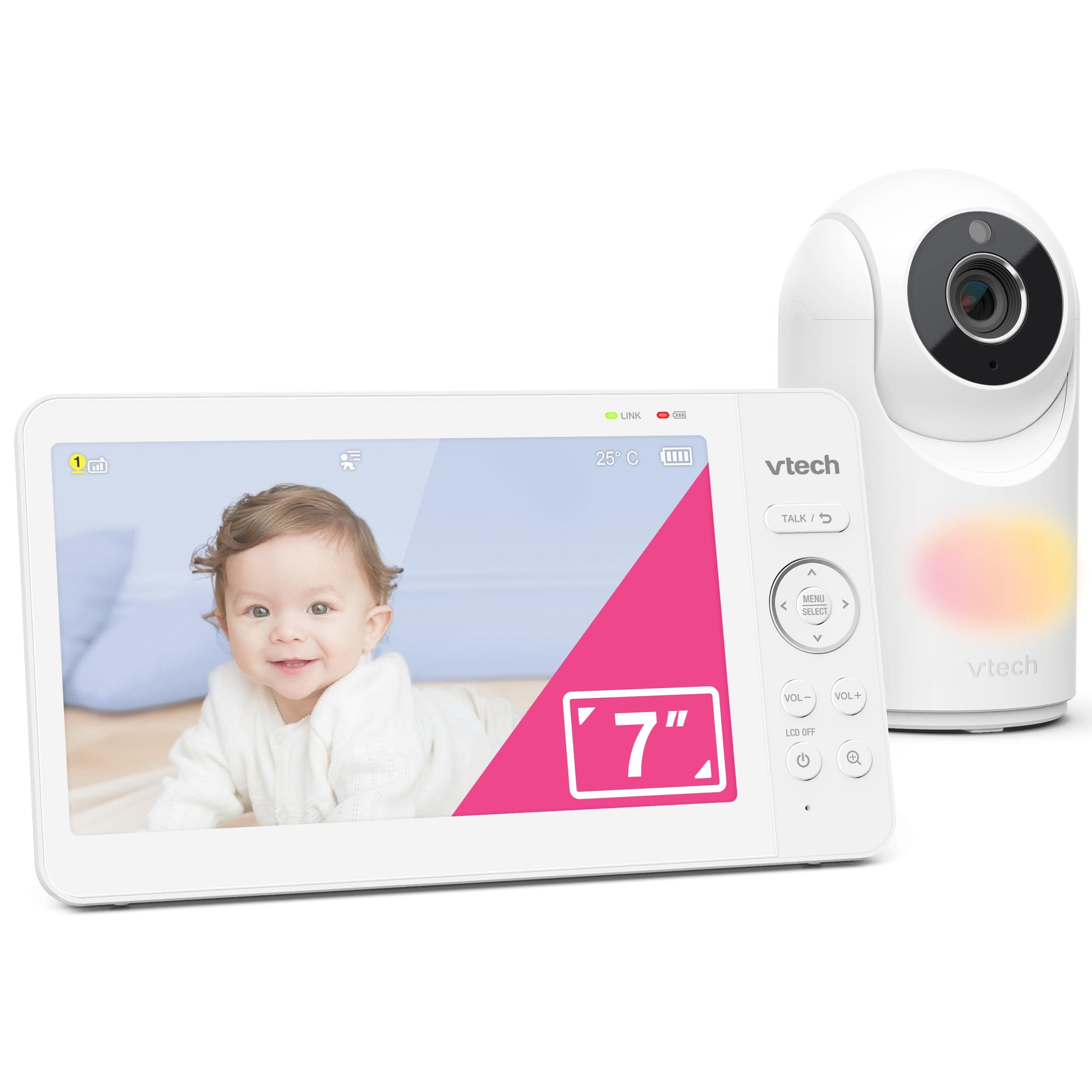 VTech VTech VM7467 Baby Monitor with 7" LCD Screen, Panoramic Tilt Remote Zoom, 178° Wide Angle View, Soothing Sounds and Lullabies, Multi-Color Night Light, Two-Way Talk,