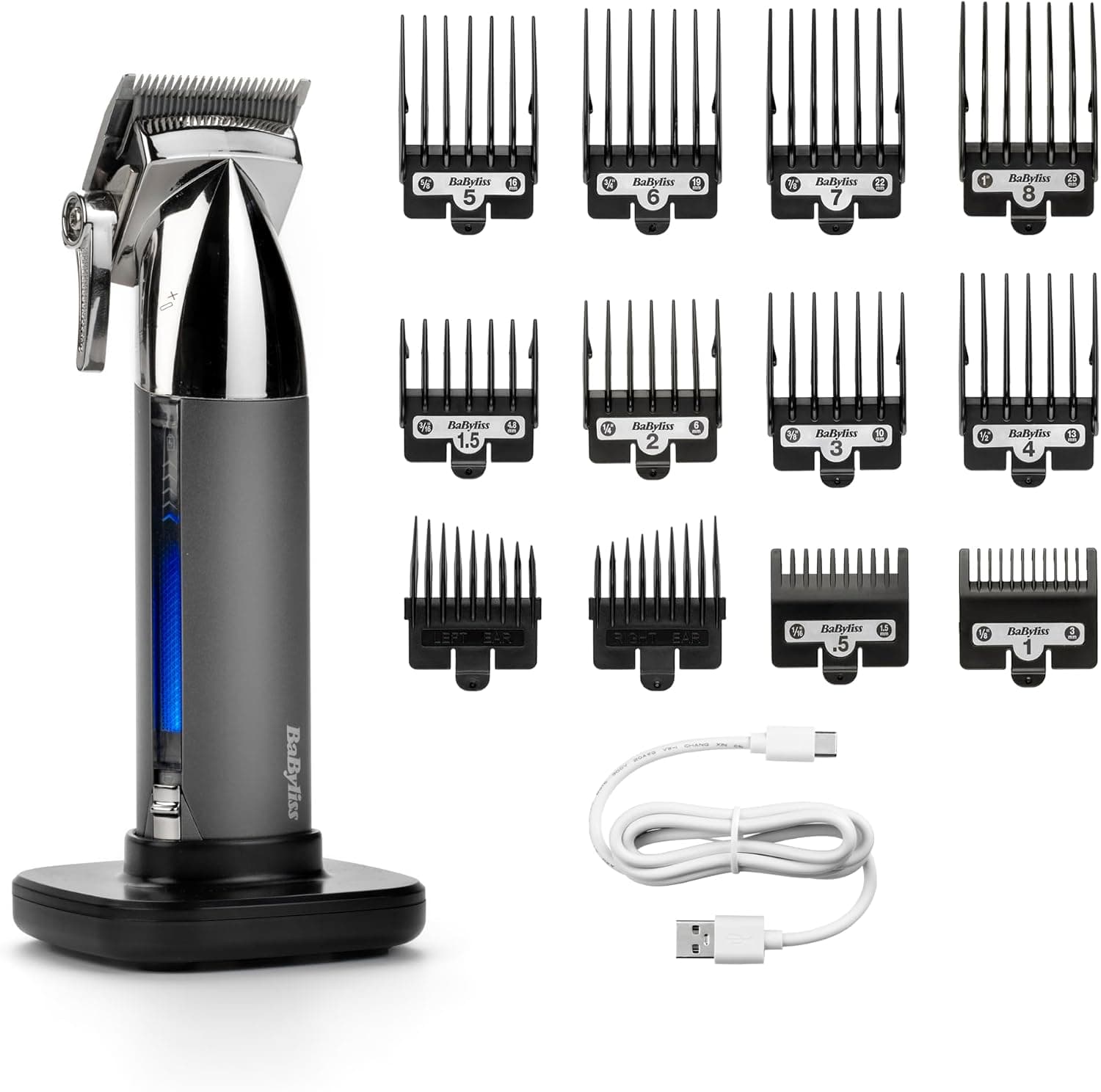 BaByliss Super-X Metal Cordless Hair Clipper, Japanese Steel Blades, 10 Combs, 2 Ear Combs, Lithium Battery, Digital Display, Metal Handle, Black, E996E