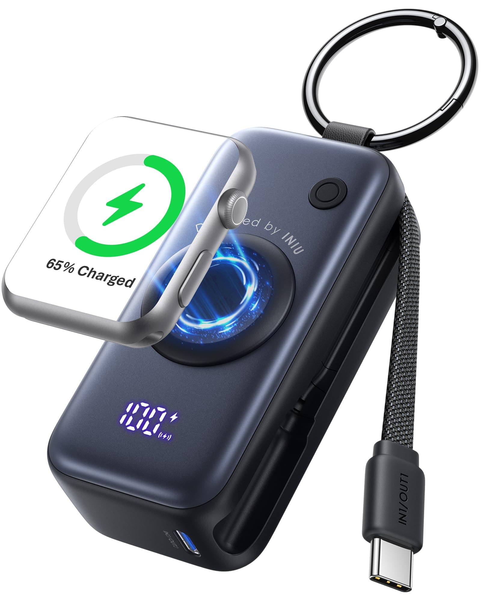 INIU Power Bank for Apple Watch, 5000 mAh Mini Portable Charger, External Battery with Integrated Cable, Slim Battery with Keychain and LCD for iWatch 10/9/8/Ultra2/Ultra/SE, iPhone 16/15 etc