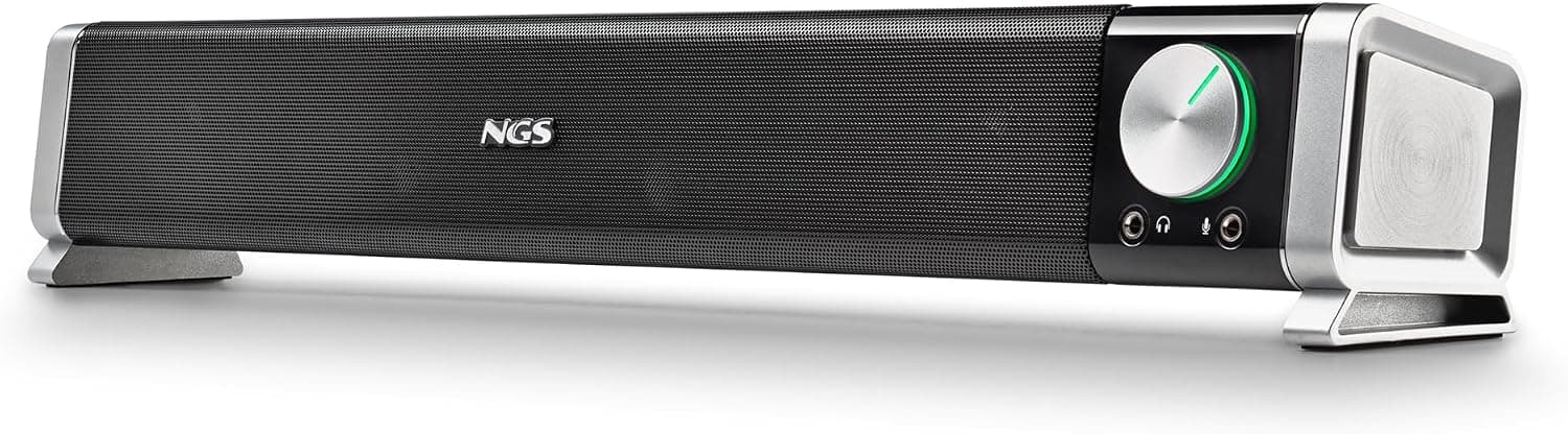 NGS SB500-BT - Barre de Son Bluetooth sans Fil 20 W pour PC, TV, Smartphone ou Tablette, Son Stéréo, Alimentation USB, Prise Jack 3,5 mm, Microphone, Sortie Casque, Plug & Play, Compacte