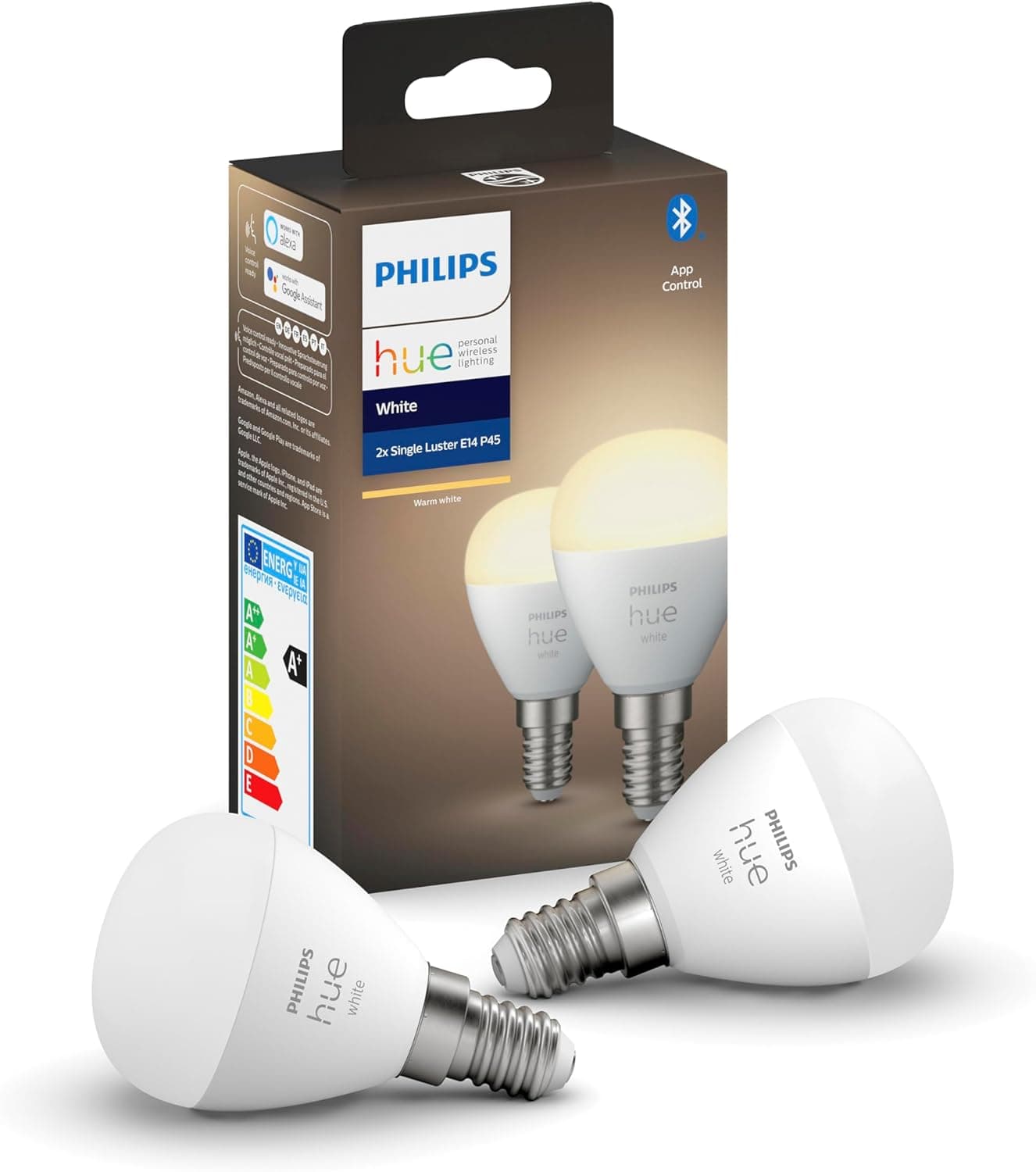Philips Hue White, Luster E14 Smart LED Bulb, Bluetooth Compatible, 2-Pack, Works with Alexa, Google Assistant and Apple Homekit, Tint-White