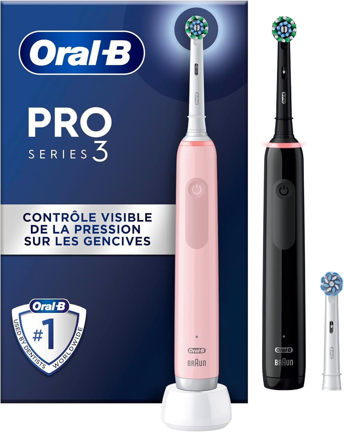 Oral-B Brosses A Dents Electriques Duo Pro 3 Noire Et Rose, Avec 3 Modes De Nettoyage 3D Dont Blancheur, Brossage Avec Des Oscillo-Rotations Et Pulsations, 3 Brossettes De Rechange RondesOral B