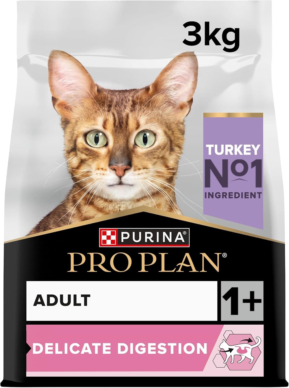 Purina PRO PLAN | Adult DELICATE DIGESTION | Complete Food for Adult Cats | Promotes a Healthy Digestive System | Dry Food | Turkey | Bag | 3 kg