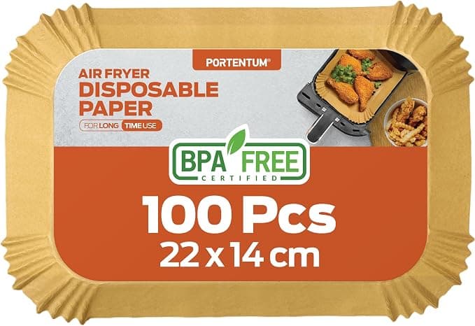 PORTENTUM Air Fryer Baking Paper - 100 pieces Food-Grade BPA Free, 22 x 14 cm Rectangular, Compatible Double Fryers Type Ninja Foodi Dual Zone - Image 1