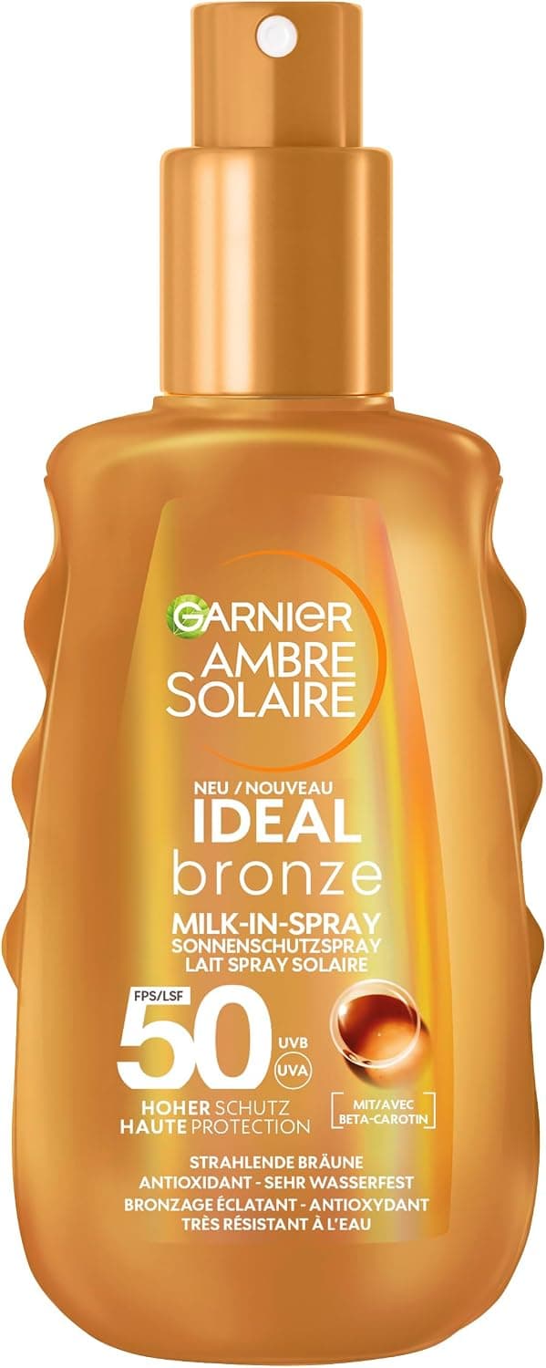 Garnier Spray solaire UV pour un bronzage radieux, très haute protection solaire SPF 50, résistant à l'eau, Ambre Solaire Ideal Bronze Milk-in Spray 150 ml - Image 1