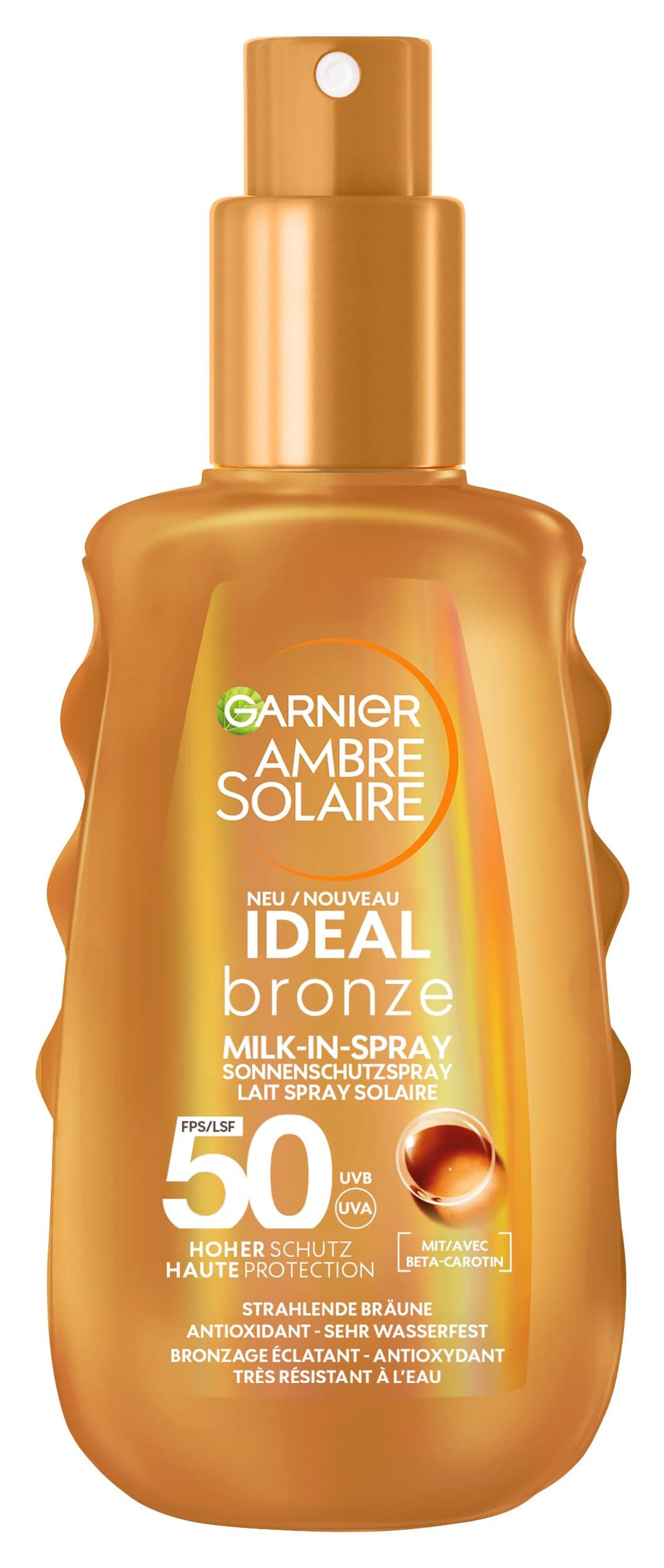 Garnier Spray solaire UV pour un bronzage radieux, très haute protection solaire SPF 50, résistant à l'eau, Ambre Solaire Ideal Bronze Milk-in Spray 150 ml - Image 3