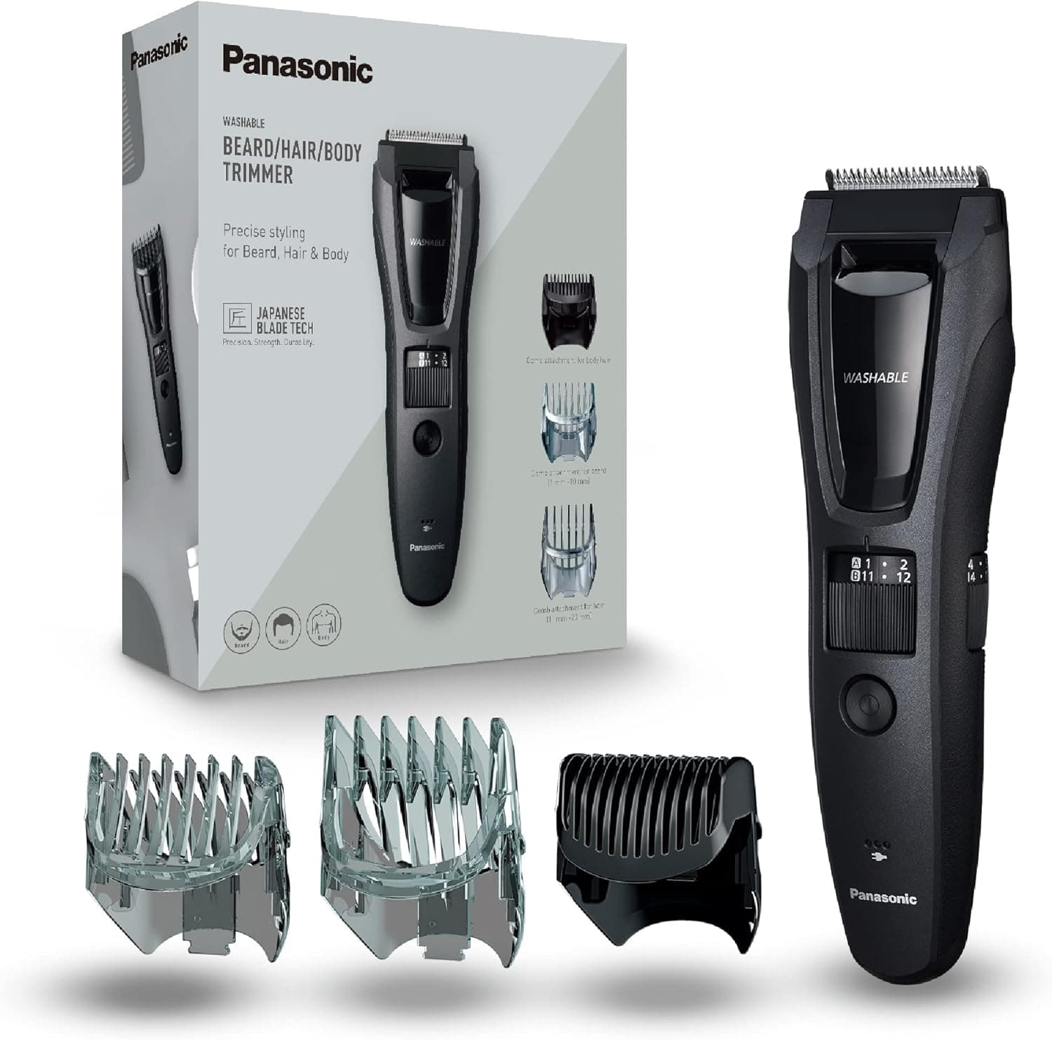 Panasonic Panasonic ER-GB62-H503 Beard Trimmer for Men, Hair and Body Trimmer for Men, Portable Waterproof Wireless, 39 Adjustable Lengths, 3 Accessories, Wired or Wireless, Matte Grey