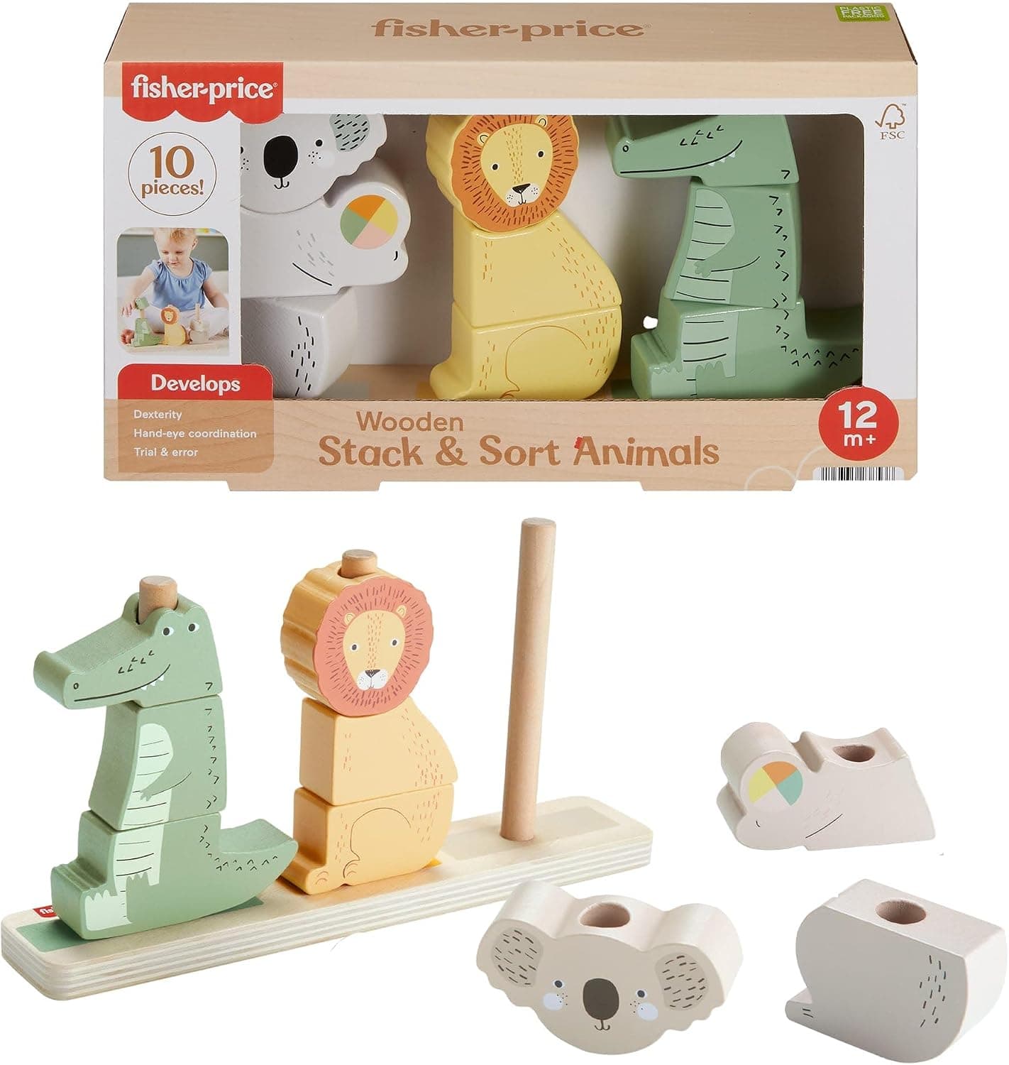 Fisher-Price Wooden Animals to Stack and Sort, Activity Game with 10 Wooden Pieces for Children from 1 Year, HXV04 - Image 1