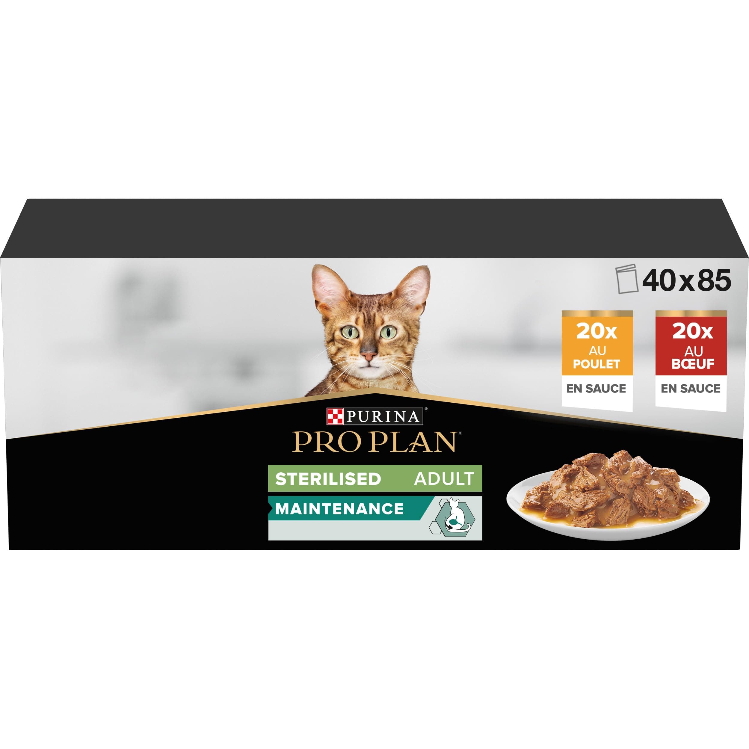 Purina Pro Plan PURINA PRO PLAN | Adult STERILISED MAINTENANCE | Complete Food for Sterilized Adult Cat | Helps Maintain Good Urinary Health | Sliced in Sauce | Chicken, Beef | Sachets | 40x85g