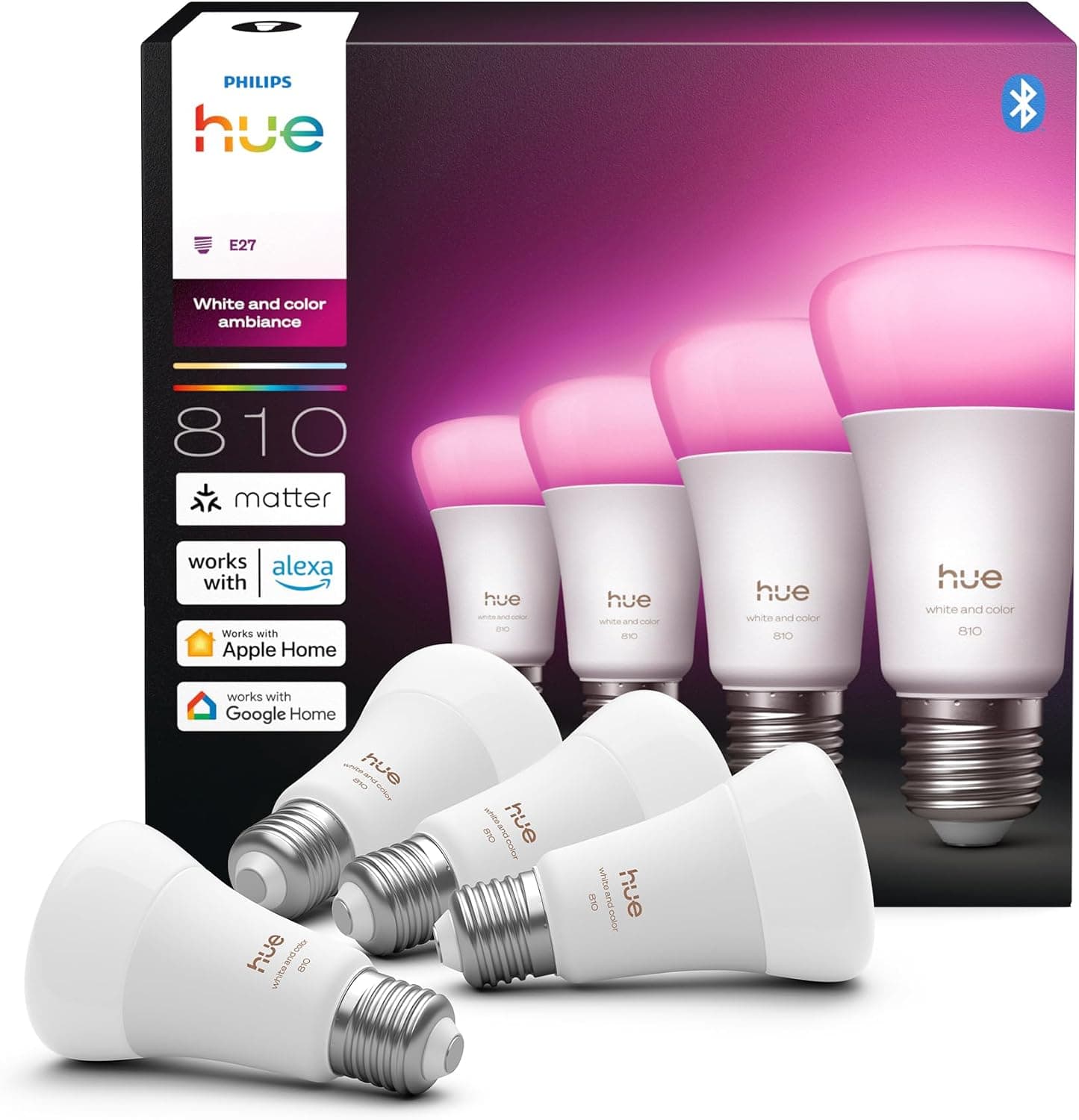 Philips Hue A60 Smart LED Bulb, White and Color, E27 Base, 6W, Full Spectrum 1000-2000K, 810 Lumens, Dimmable, Compatible with Alexa, Google Assistant and Apple Home, 4-Pack