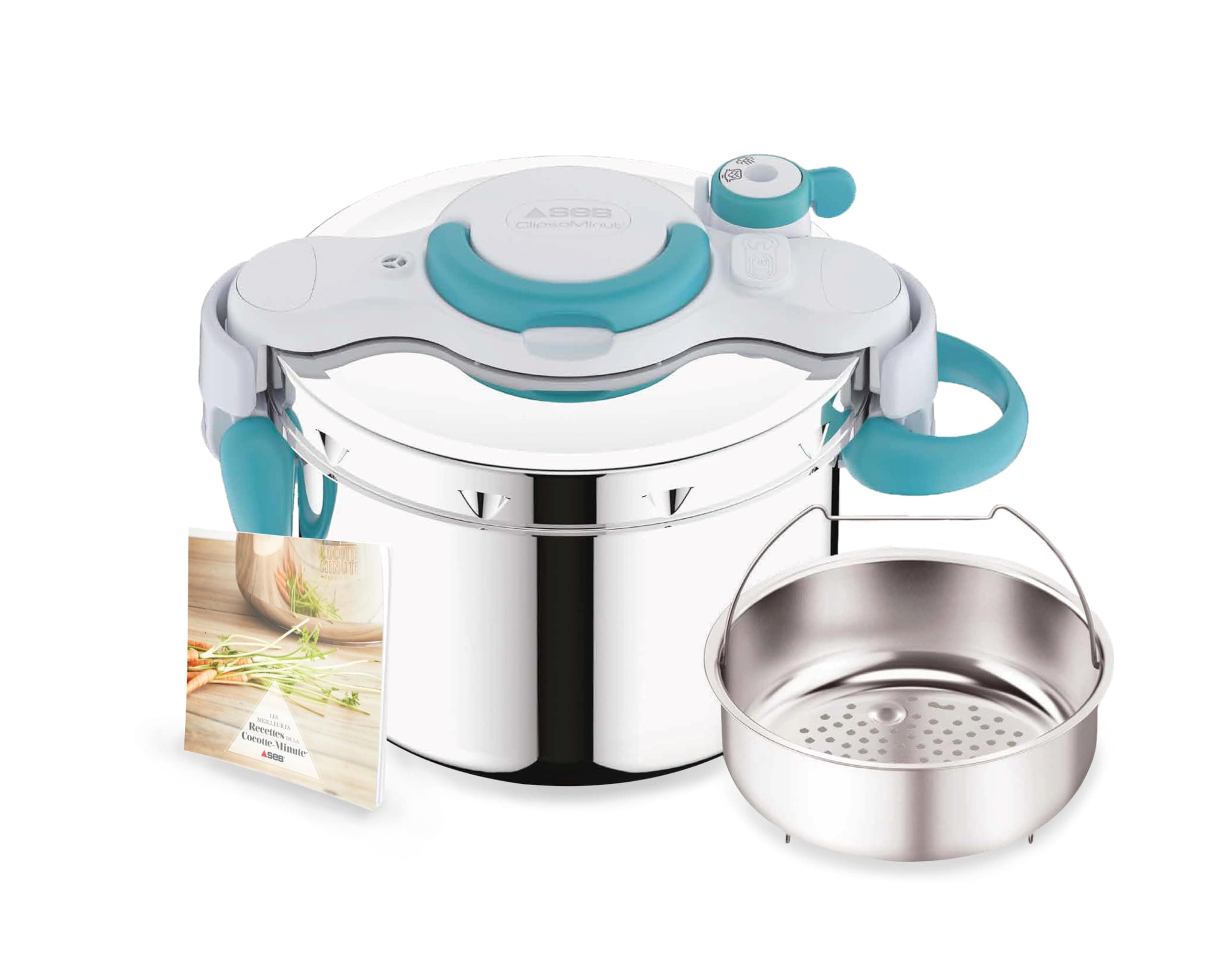 SEB ClipsoMinut' Easy+ 6L, Easy One-Hand Open, Space Saving, Induction Pressure Cooker, Made in France, Stainless Steel Pressure Cooker, Blue P4900716