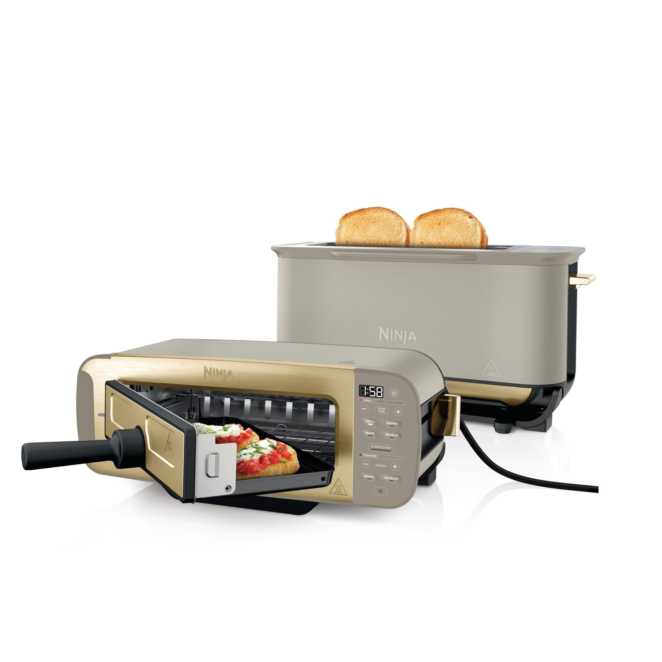 Ninja Foodi ST202EUSTGD 3-in-1 Toaster, Grill and Panini Press, 7 Cooking Functions, Includes Panini Press, Baking Tray and Crumb Tray, Stone/Gold, ST202EUSTGD