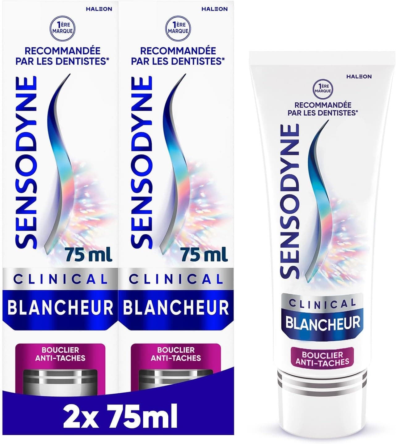 Sensodyne Sensodyne Professional Blancheur, Dentifrice blanchissant cliniquement prouvé pour les dents sensibles visiblement plus blanches, Bouclier Anti-tâches Menthe, Pack de 2 x 75 ml