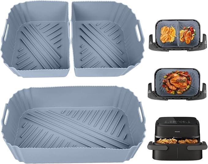 ENSINE Air Fryer Accessories For Philips Dual Basket 1000 Series 7.1L, 3 Pcs Customized Air Fryer Silicone Liners For Philips Na154/09, Reusable Inserts,non-stick, Dishwasher Safe, Grey - Image 1