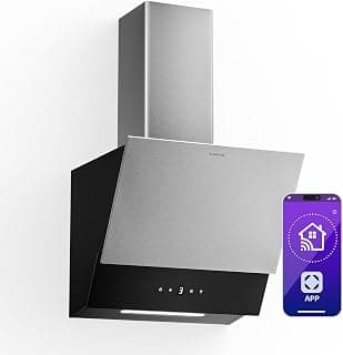 Verosteel Extractor Hood 45 cm - Decorative Hood, 624 m³/h, A++, Touch Controls, LED, Carbon Filter, Stainless Steel & Black Glass, Silent, Modern Kitchen