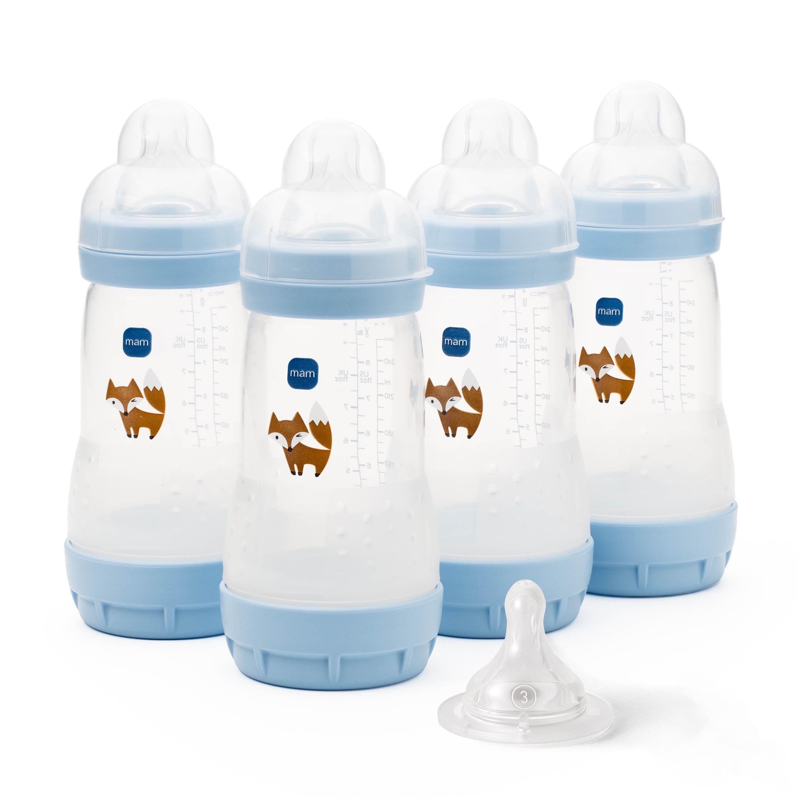 MAM Easy Start Self Sterilising MAM Size 2 Medium Flow Anti-Colic Bottles + 1 Size 3 Fast Flow Teat (Blue) - Image 1