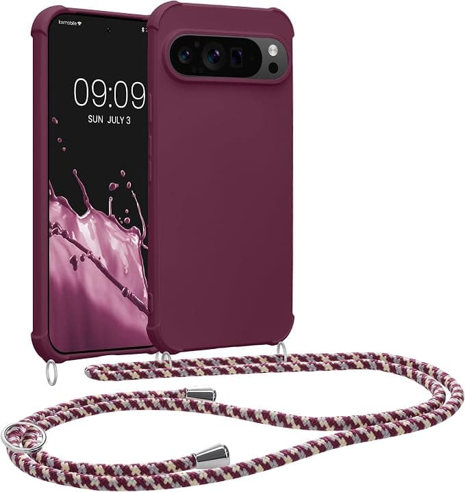kwmobile Necklace Case Compatible with Google Pixel 9 / Pixel 9 Pro - Silicone Case Cover with Necklace Burgundy Purple
