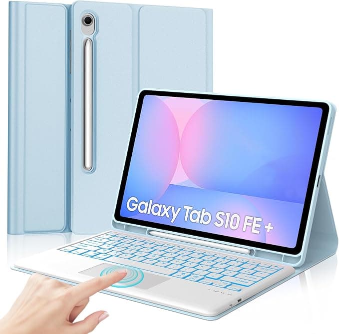Samsung IVEOPPE Keyboard Case for Samsung Galaxy Tab S10 FE+ Plus 13.1 Inch 2025, Backlit 7 Colours French Azerty Bluetooth Detachable Keyboard Case with Touchpad Bluetooth Keyboard, Sky Blue