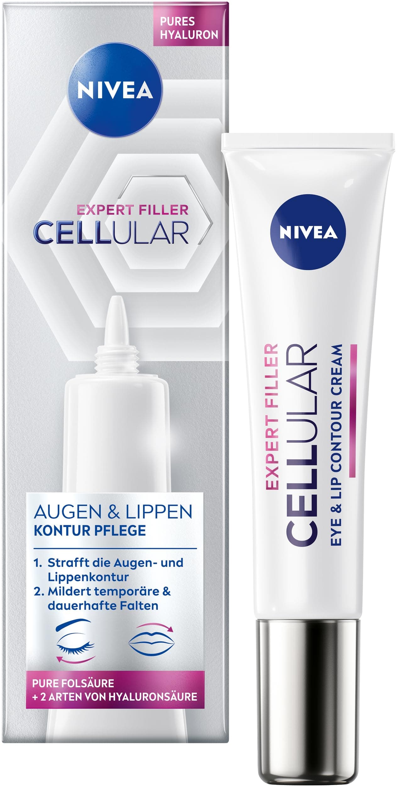 NIVEA Cellular Expert Filler Eye and Lip Care, Anti-Wrinkle Firming Cream with Hyaluronic and Folic Acid, Lip Care for Firming the Lip Contour (15ml) - Image 1