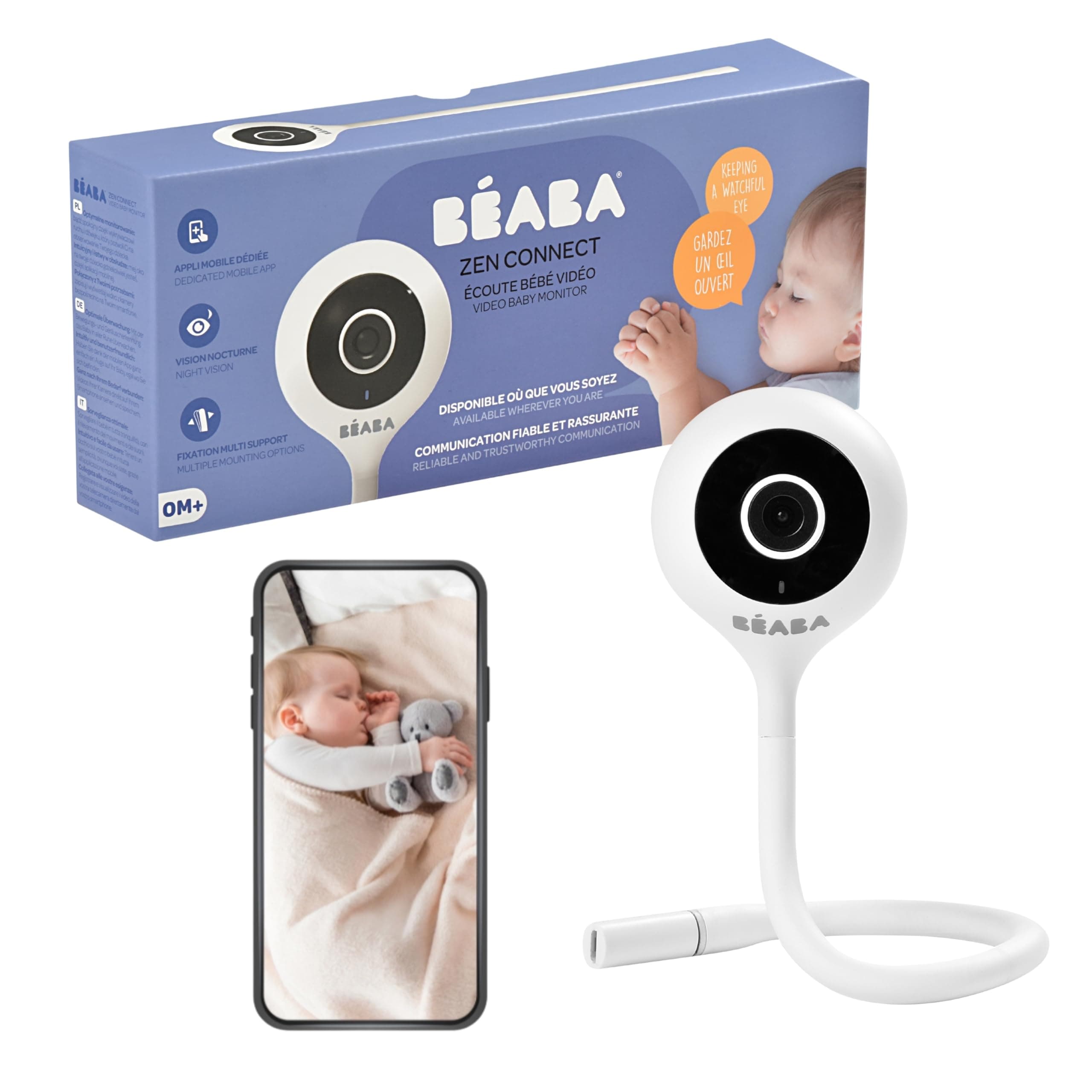 BÉABA, Baby Video Listening, Zen Connect Babyphone, Full HD 1080p Camera, Walkie-Talkie, Long Range, Mobile and WiFi Connection, Lullabies, Flexible Rod