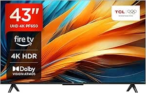 TCL 43PF650 43 Inch 4K Ultra HD, HDR TV, Smart LED Fire TV (Dolby Vision, Dolby Atmos, DTS, HDR 10, Built-in Alexa, Airplay2, Miracast)          [Energy Class F]