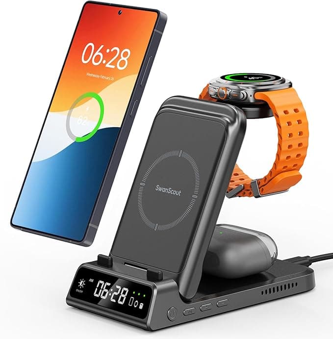 Induction Charger for Samsung S25/Watch 8/8 Classic, Charging Station for Samsung S24/S23/Fold 6, 3 in 1 Wireless Charger for Galaxy Watch Ultra/7/6/5, Galaxy Buds, SwanScout 703S (No Adapter)