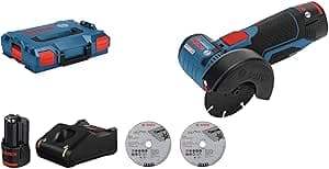 Bosch Professional 12V System cordless angle grinder GWS 12V-76 (2 x 3.0 Ah batteries, quick charger GAL 1230 CV, 1 Carbide Multi Wheel disc, 2 Expert for Inox, L-BOXX2)