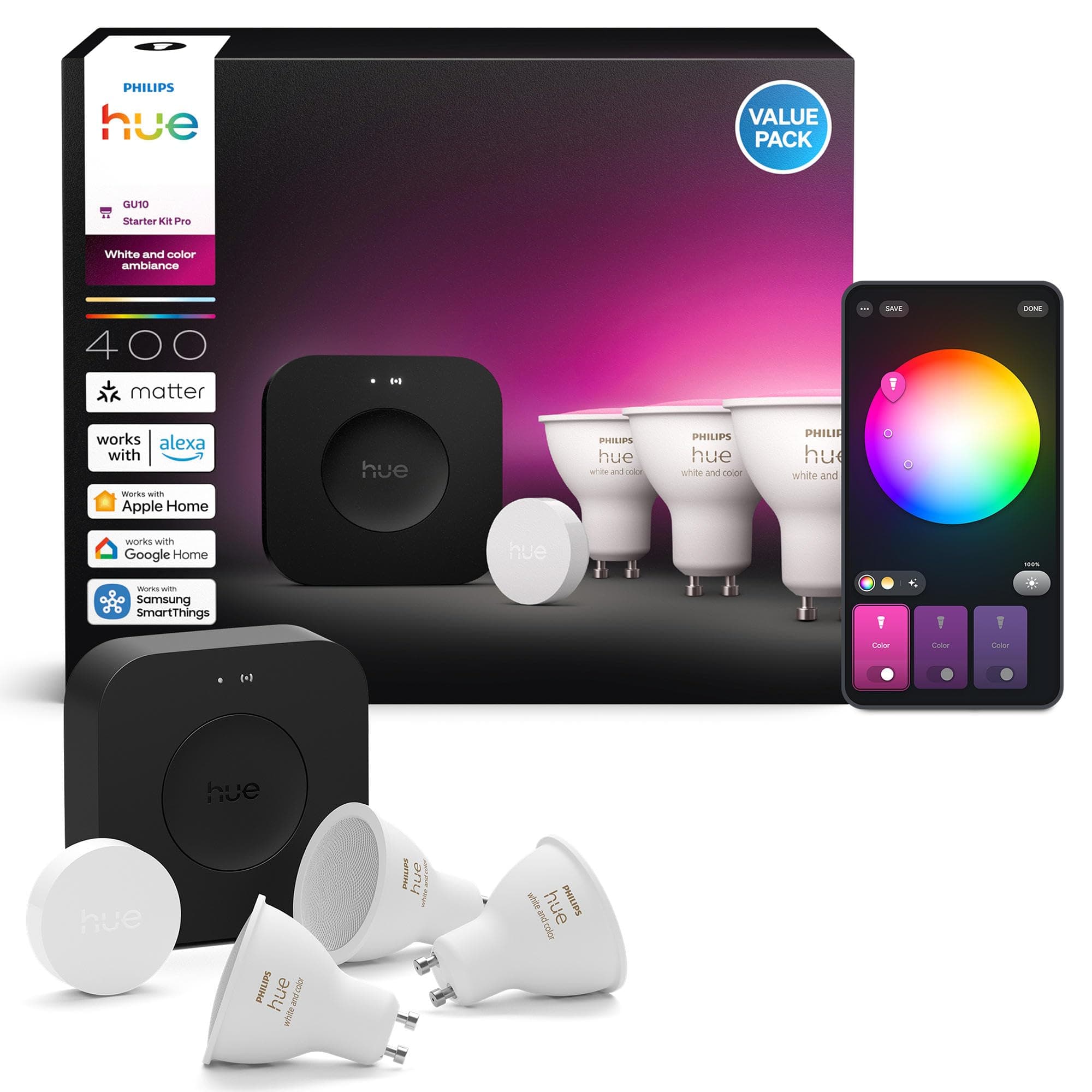 Philips Hue Starter Kit: Bridge Pro + 3 GU10 Spots + Smart Button, White & Color Ambience, Dimmable Philips Hue Bulb, Smart Lighting Compatible with Apple Home, Alexa, Google Assistant - Image 1