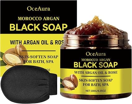 2 x Moroccan Black Soaps and Exfoliating Glove, Exfoliating Body Soap with Black Soap, 100% Organic Moroccan Black Soap, Exfoliating Shower Gel for Soft Skin, Deep Cleansing and Softening Skin - Image 1