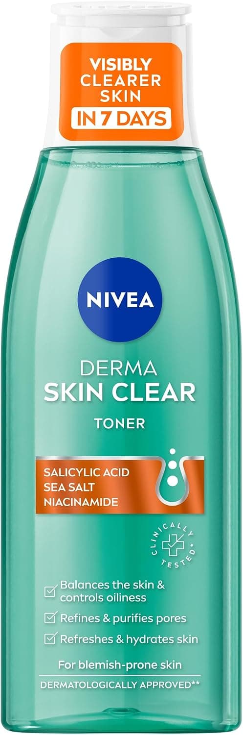 NIVEA Derma Skin Clear Toner (200 ml), tonifiant nettoyant et hydratant, toner à l'acide salicylique enrichi en niacinamide pour rééquilibrer la peau et éliminer les impuretés - Image 1