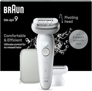 Braun Silk-épil 9, Épilateur Avec Tête Pivotante Pour Épilation Facile, Étanche, Peau Douce Longue Durée, Avec Tête De Rasoir Pour Femmes Et Sabot Tondeuse, 9-041, Blanc/Argent
