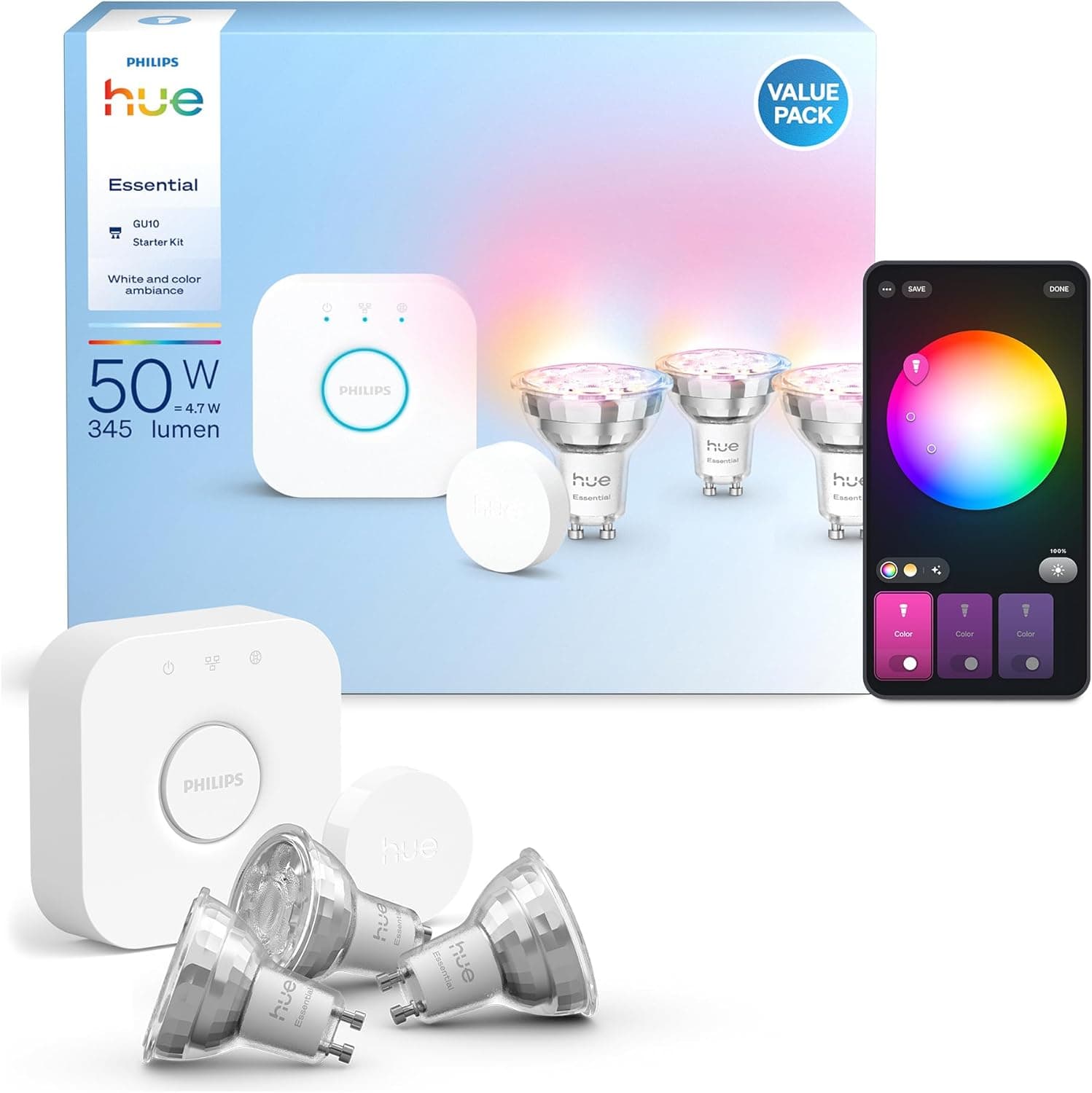 Philips Hue Philips Hue Essential Starter Kit with Bridge+3 Smart Bulbs GU10 Essential + Smart Button, WACA, 2200-6500K, Dimmable, Smart Bulb Compatible with Alexa, Google Assistant, Apple Home