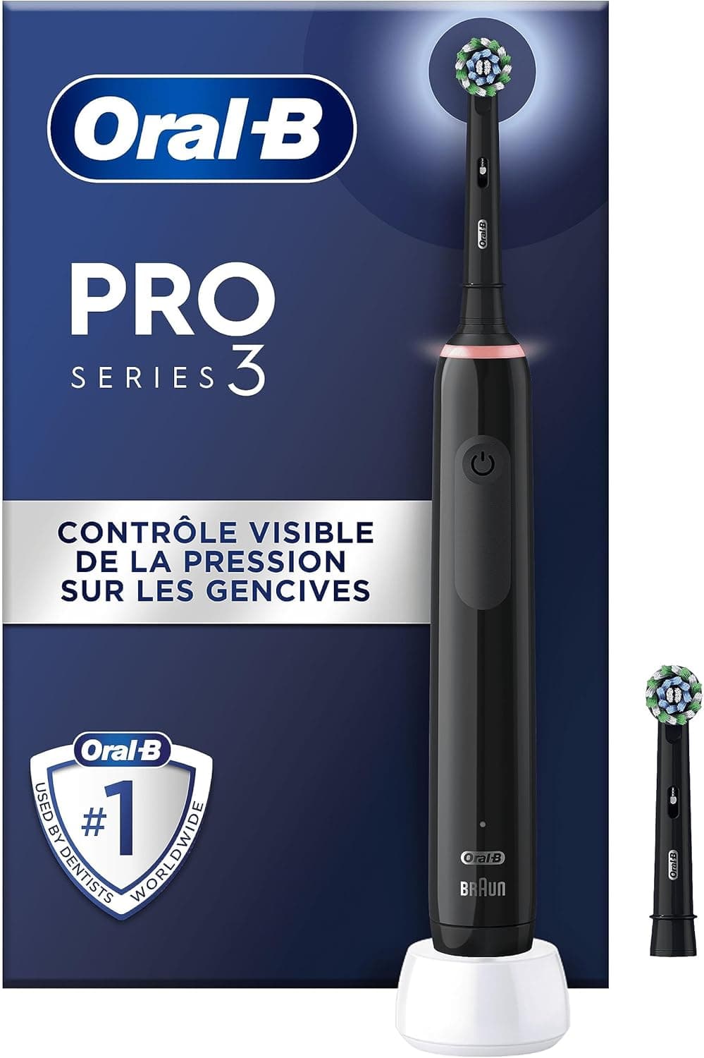 Oral-B Pro 3 3000 Brosse À Dents Électrique Oscillo-Rotative, Capteur De Pression Pour Protéger Les Gencives Sensibles, Mode Blancheur, 2 Brossettes Rondes De Rechange, 1 Chargeur, Noire - Image 1