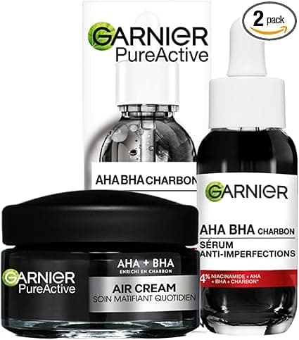 Garnier Air Cream AHA BHA Hydrating Face Cream with Charcoal 50 ml + Garnier PureActive Anti-Blemish Serum Niacinamide AHA BHA Blackhead Treatment 30 ml