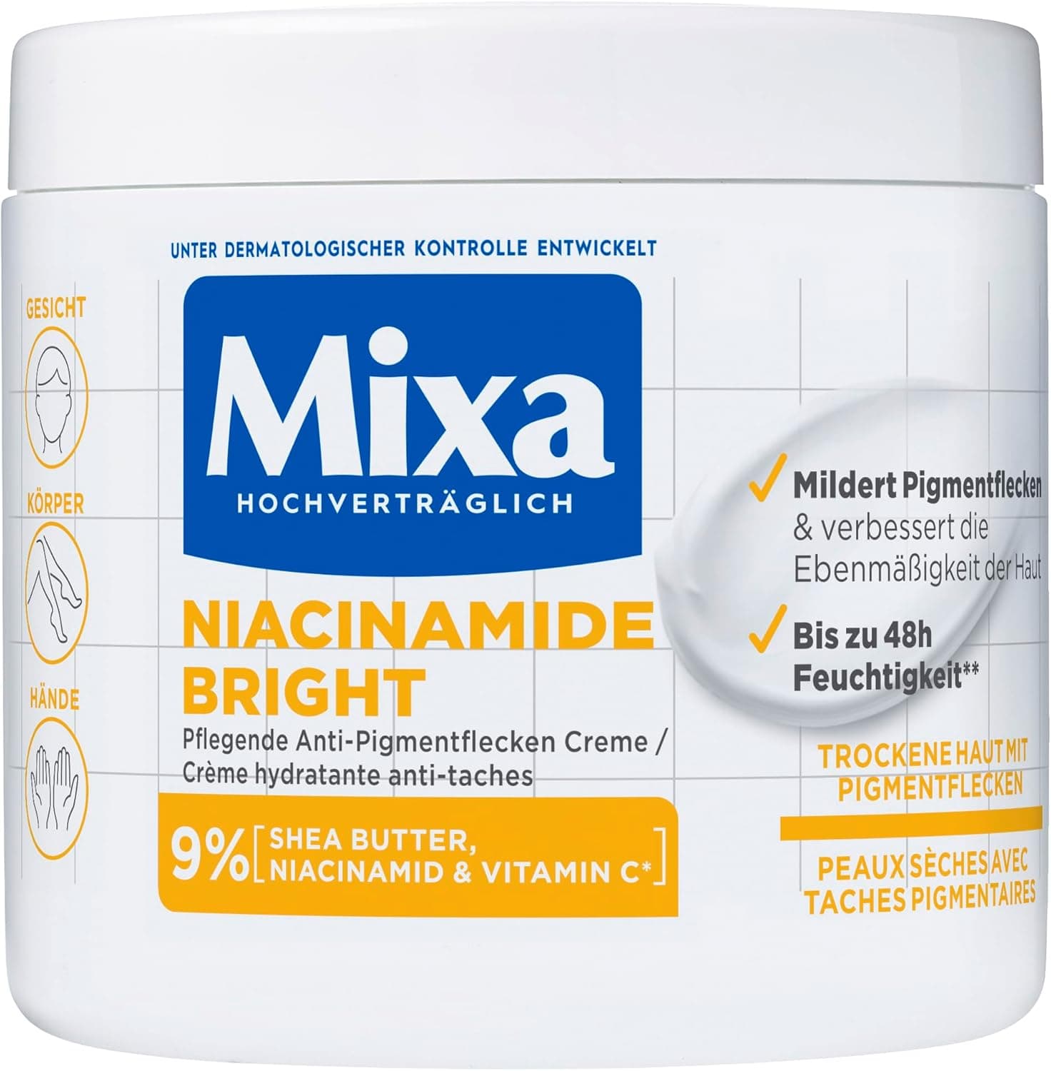 Mixa Niacinamide Bright Crème hydratante anti-taches tout usage Convient pour le visage, le corps et les mains 400 ml - Image 1