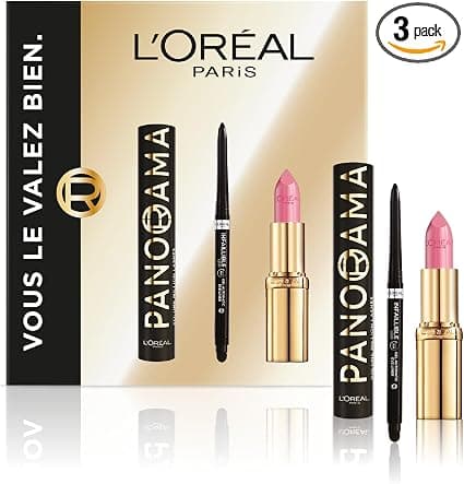 L'Oréal Paris - Gift Set - Mascara Panorama All Night Black, Eyeliner Infallible Grip Liner Black, Color Riche Satin Soft Pink Lipstick, Real Sizes - Image 1