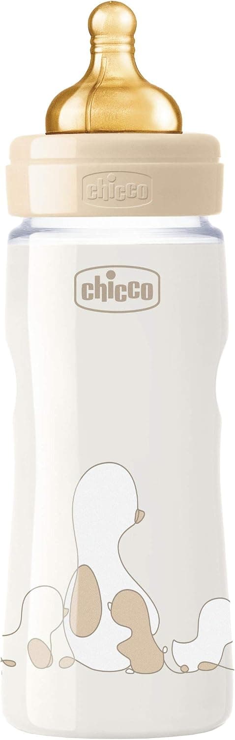 Chicco Original Touch Anti-Colic Bottle with Rubber Teat, 100% Natural Rubber Teat, 4 Months Adjustable Flow Bottle + Bottle with Plastic Bottle 330 ml, Beige - Image 1