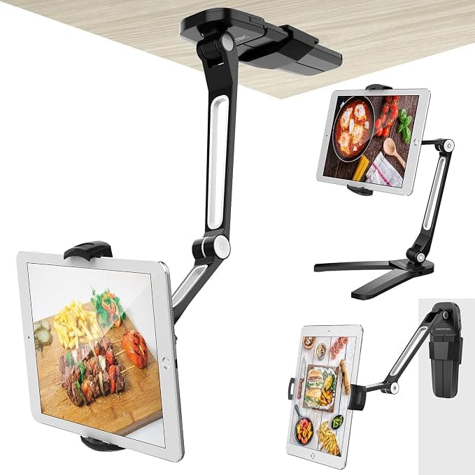 AboveTEK 2 in 1 Wall and Kitchen Tablet Stand with 360 Degree Multi-Angle Rotation, Compatible with iPad, iPhone, Samsung (4.7-13.5 inch) – Black - Image 1