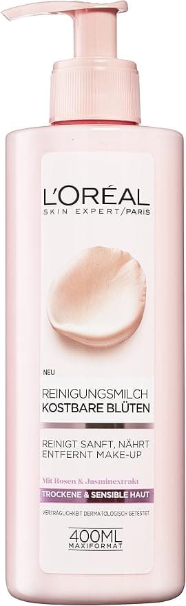 L'Oréal Paris Cleansing Milk for Women - Gently removes makeup and gives a smooth feeling on the skin with rose and jasmine extracts, precious flowers, 1 x 400ml - Image 1