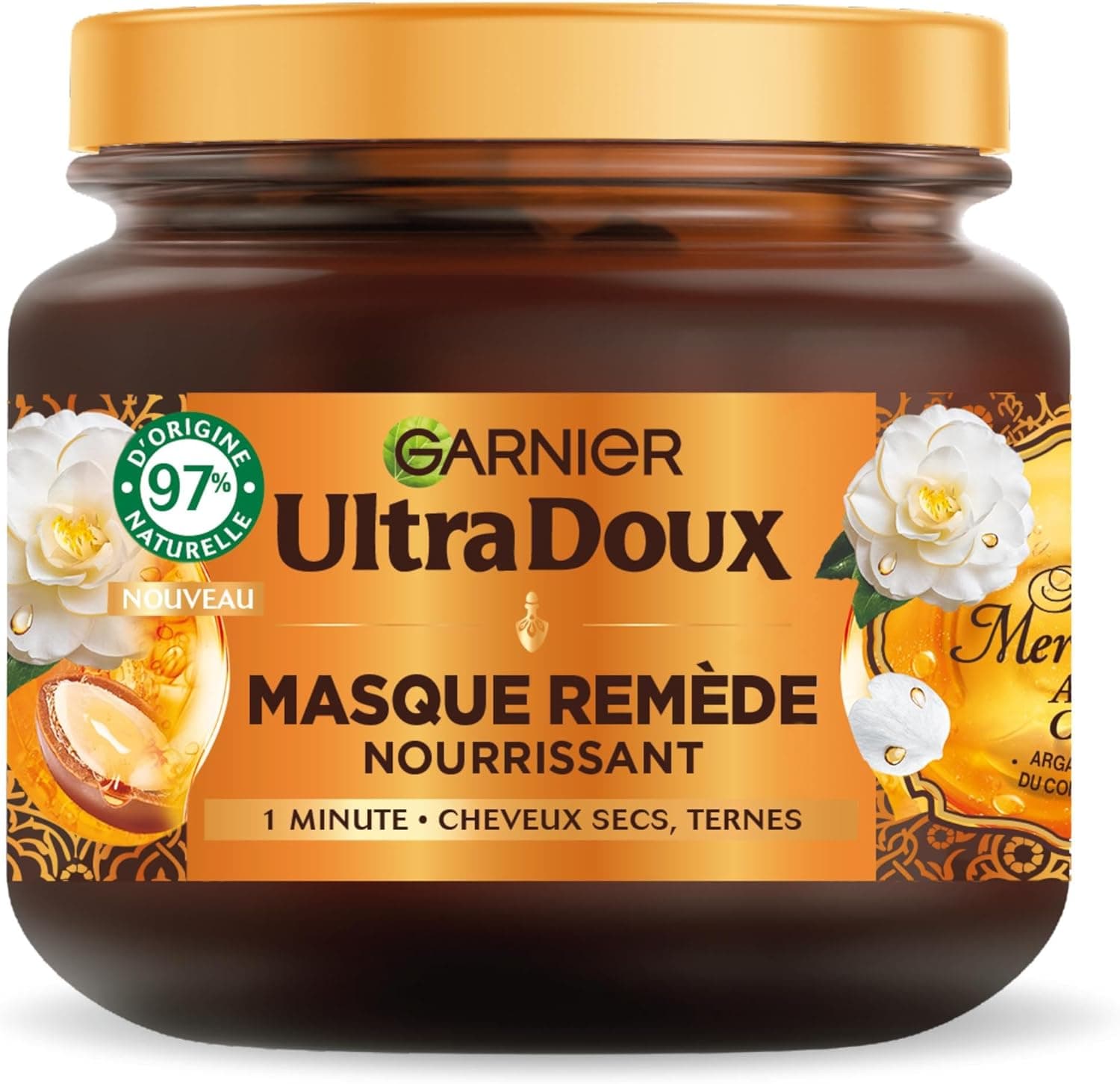 Garnier Ultra Doux - Masque Remède Nourrissant - Huile d'Argan & de Camélia - Pour Cheveux Secs & Ternes - Sans Silicone & Sans Parabène - 340 ml - Image 1