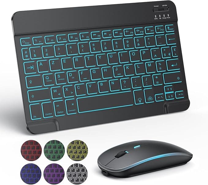 Wireless Mouse TECURS Keyboard for iPad/Samsung/Lenovo/iPhone Tablet Silent Backlit, Bluetooth Keyboard and Mouse Lightweight Rechargeable Portable AZERTY for iOS, Android (Black) - Image 1