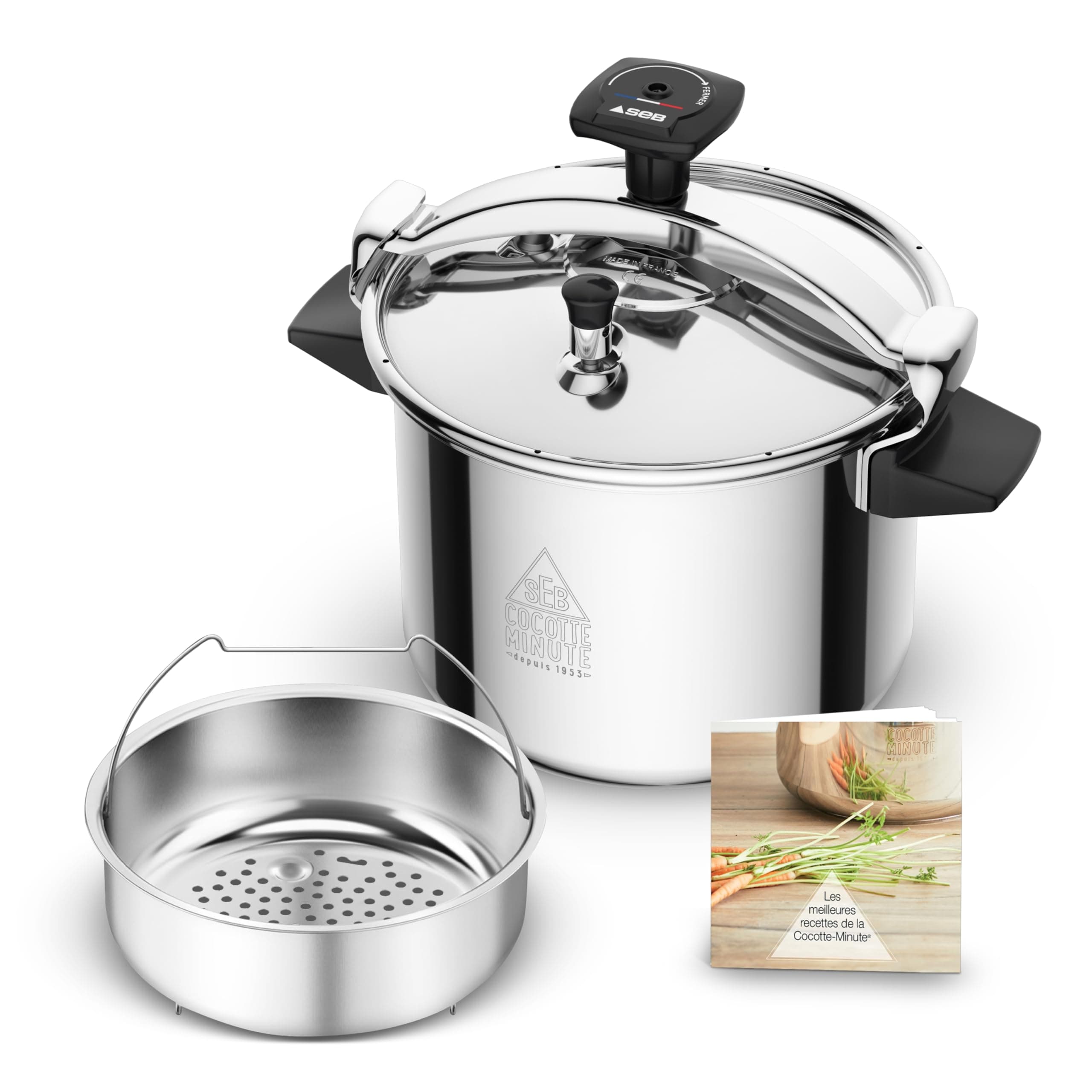 SEB Pressure cooker 9L, 7 to 10 people, induction, healthier faster cooking, French manufacture, 10-year warranty, Eco-designed, safety system, recipe book, Authentique Eco-Design P0534900